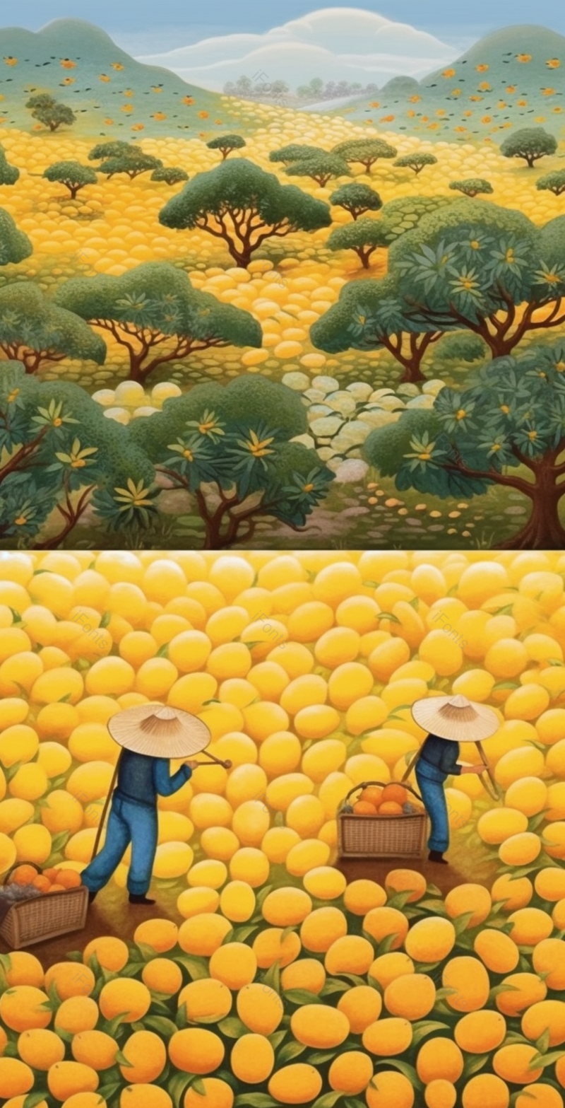 农民采摘二十四节气芒种水果成熟橙子橘子园林丰收黄色浪漫插画,插画/手绘图,插画/手绘图库,插画/手绘图下载,插画/手绘